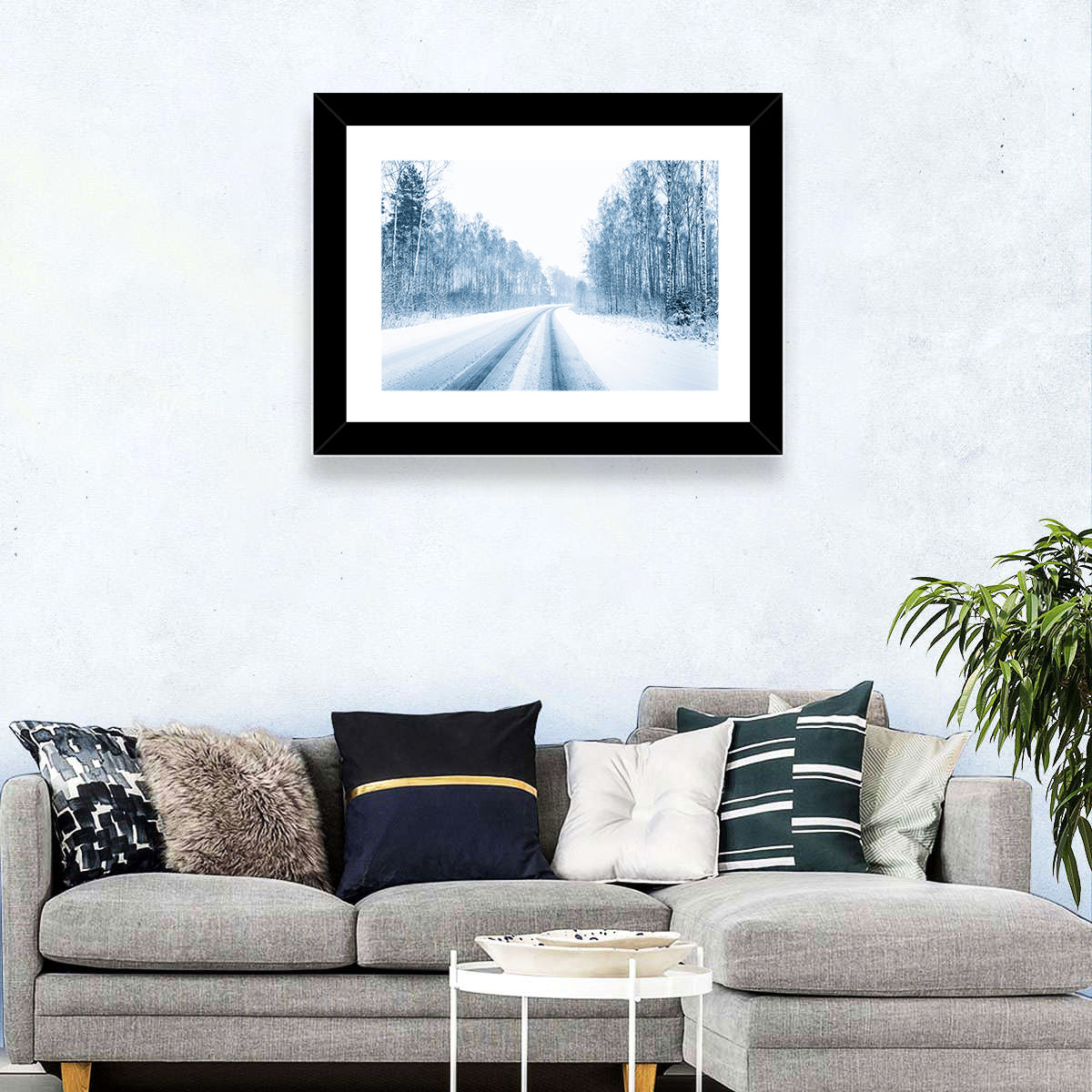 Tire Tracks on Snowy Road Wall Art in a room, landscape