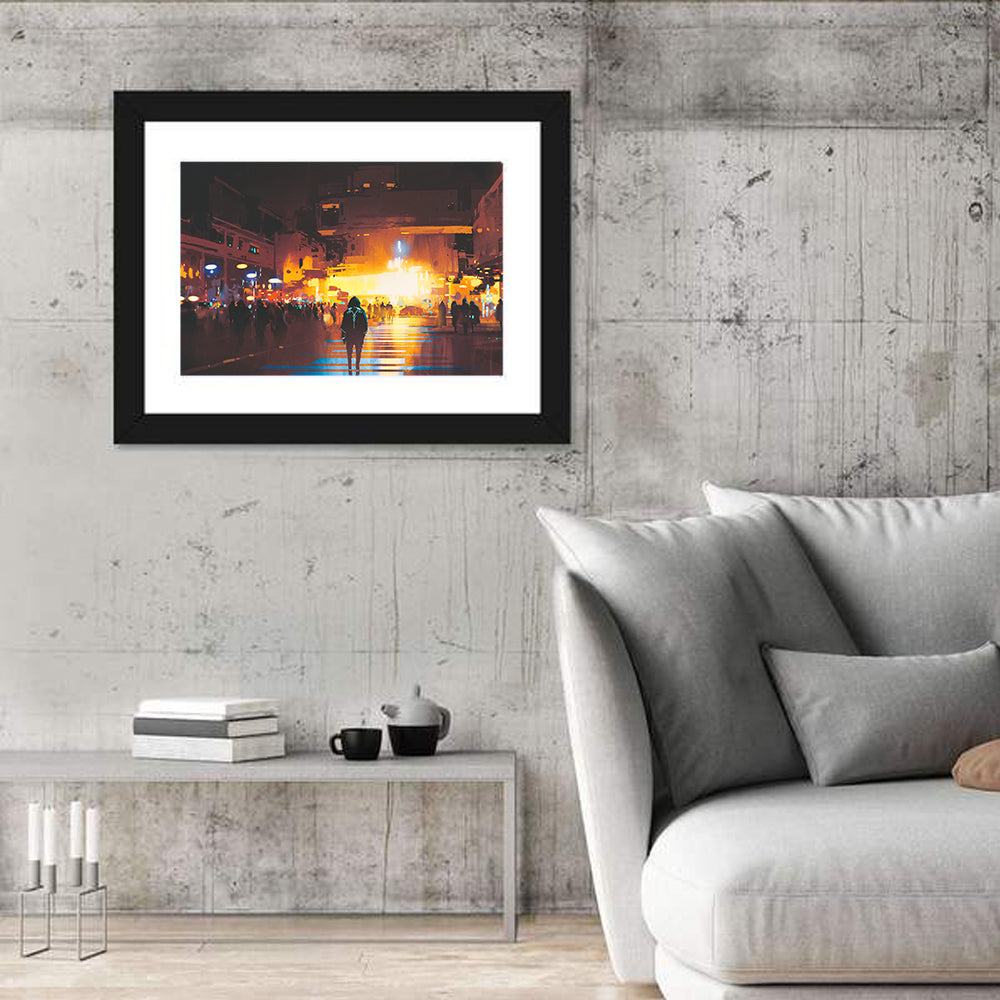 Futuristic Neon Cityscape Wall Art in a room, landscape