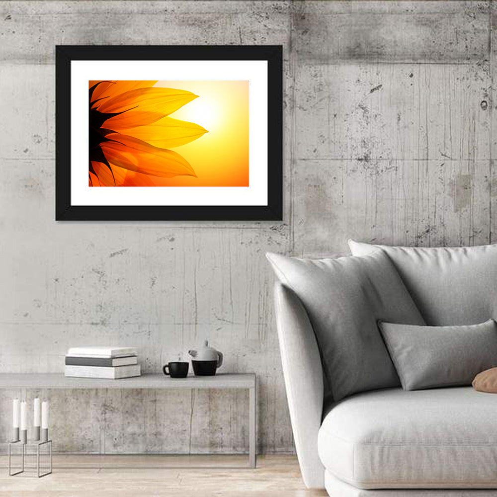 Backlit Sunflower Petals Wall Art in a room, landscape