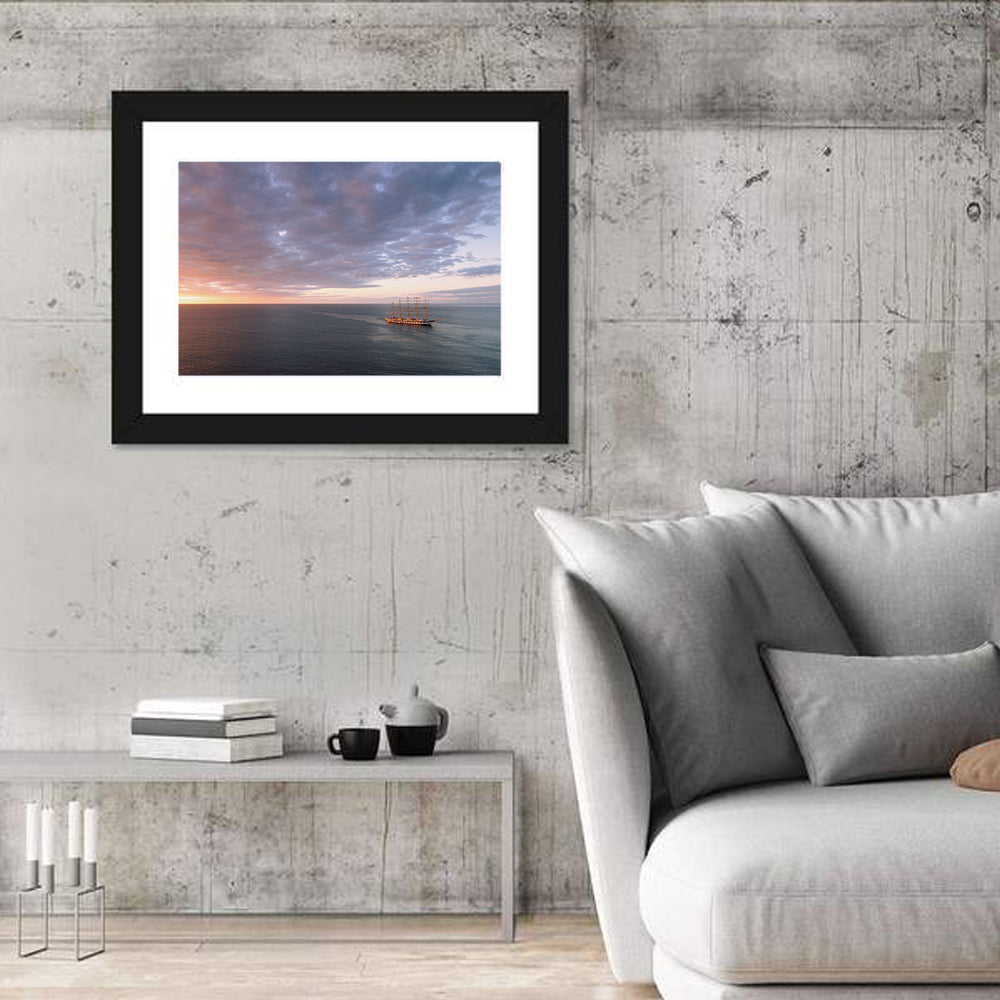 Sunlit Tall Ship at Sea Wall Art in a room, landscape