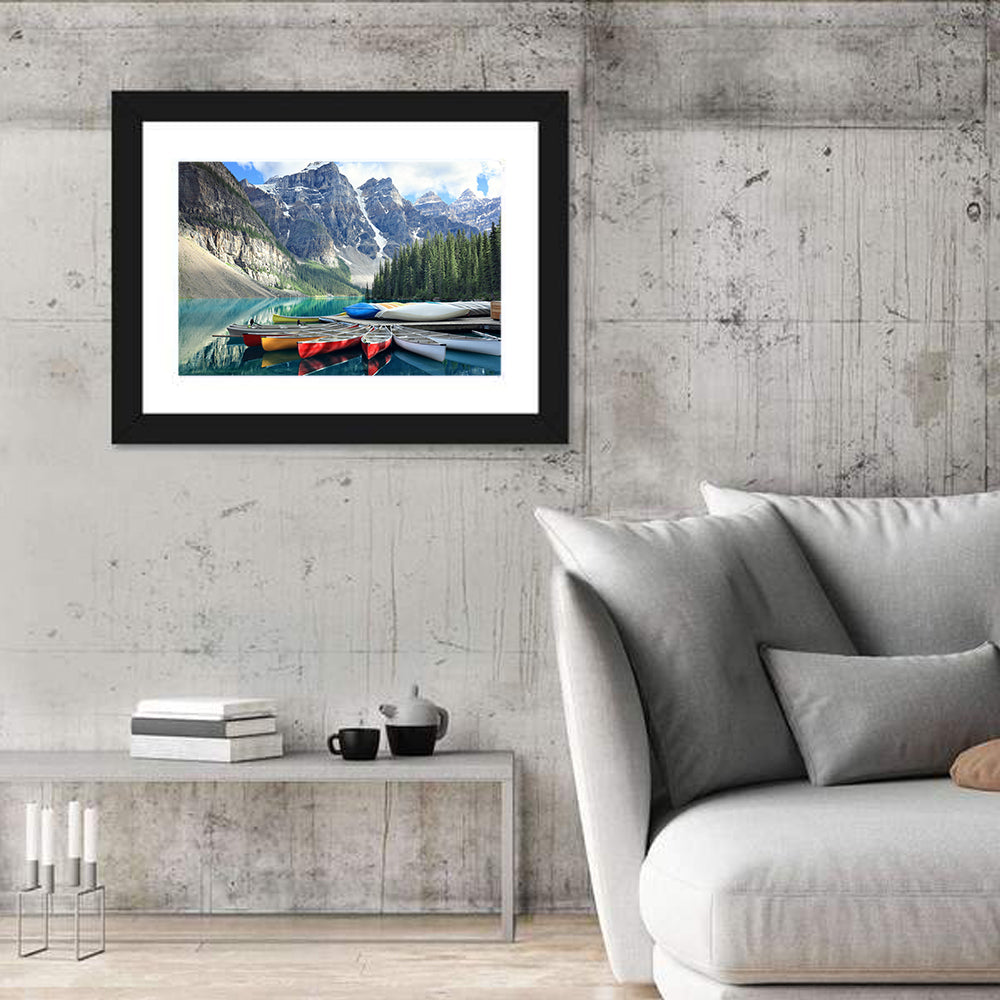 Moraine Lake Canoes at Lake Louise Wall Art in a room, landscape
