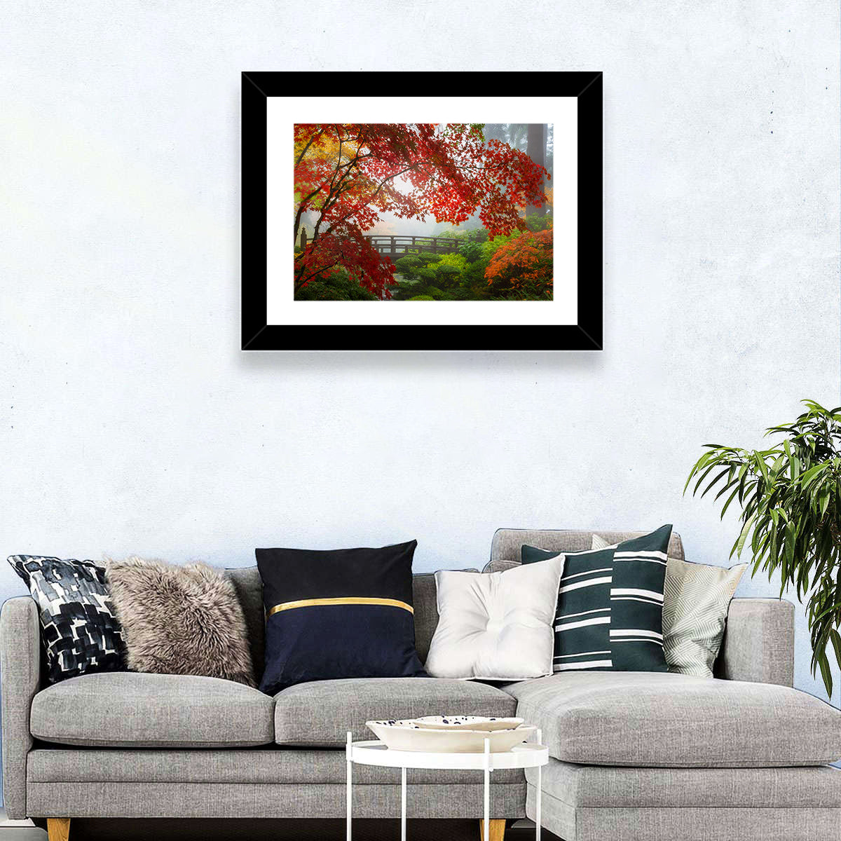 Portland Moon Bridge in Autumn Mist Wall Art in a room, landscape