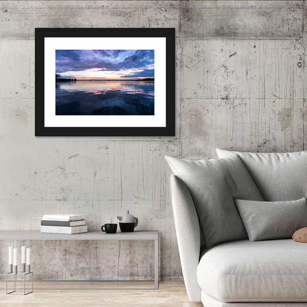 Lake Norman Sunset Reflection Wall Art in a room, landscape