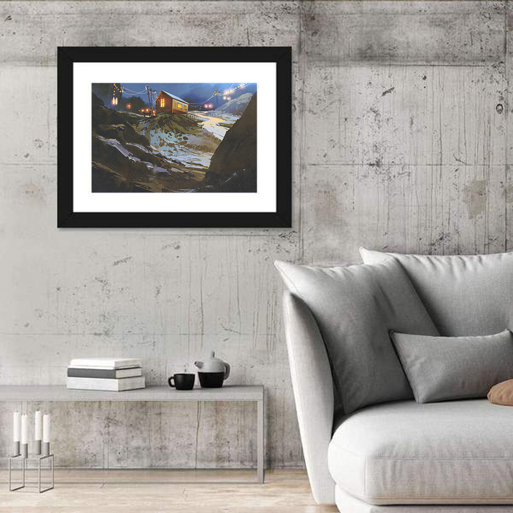 Wooden Cabin in Snowy Mountains Wall Art