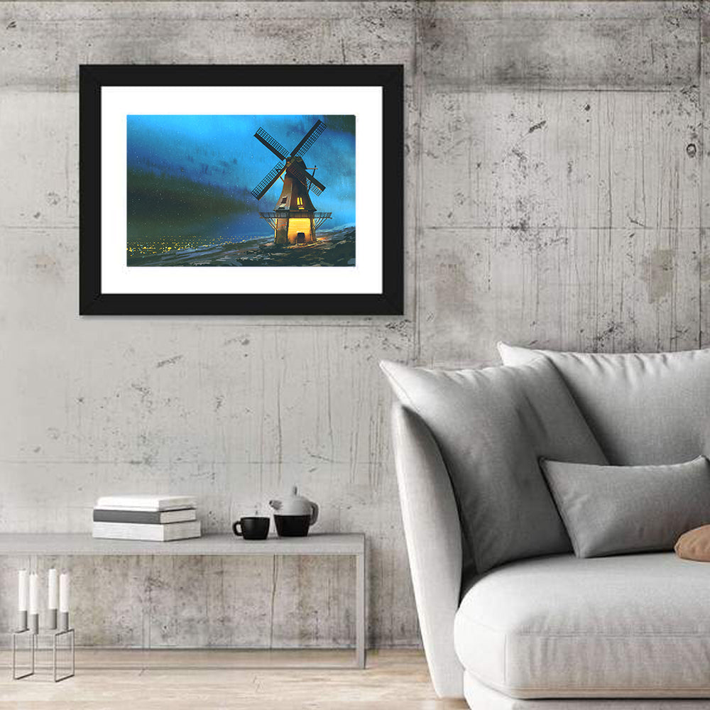 Seaside Windmill at Night Wall Art