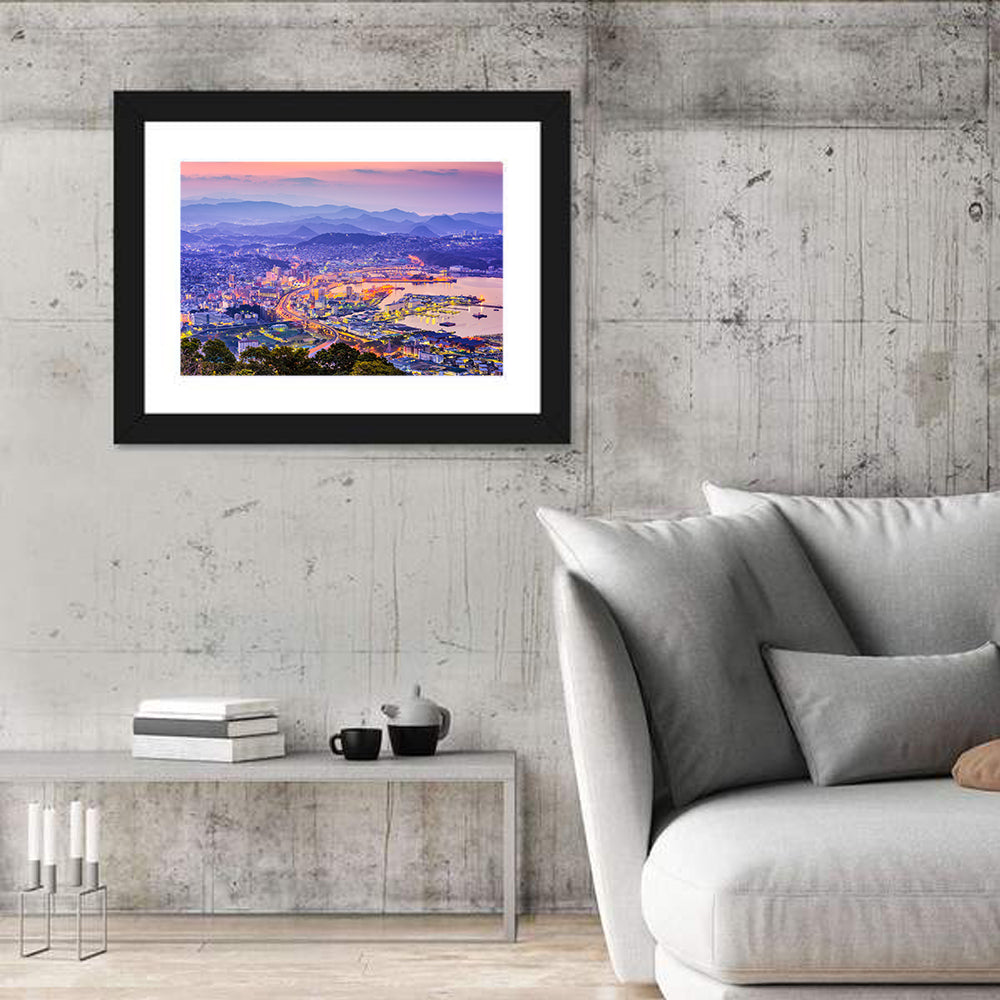 Sasebo Downtown Twilight Harbor Wall Art in a room, landscape
