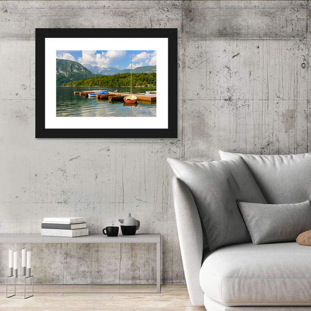 Lake Bohinj Dock View Wall Art in a room, landscape