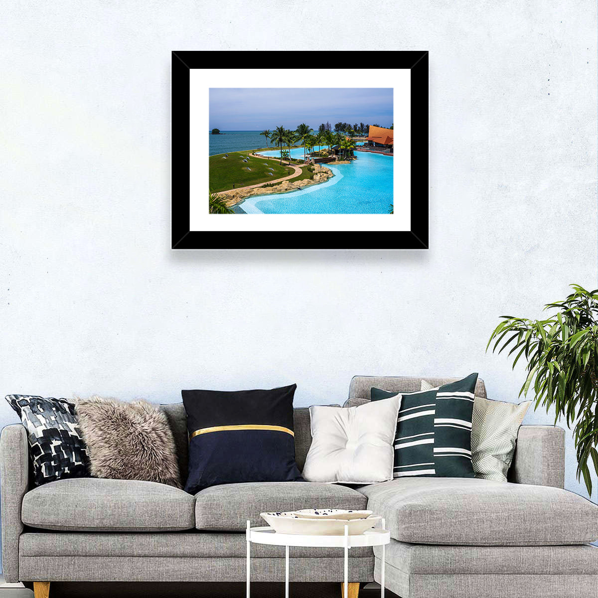 Tiered Resort Pool Horizon Wall Art in a room, landscape