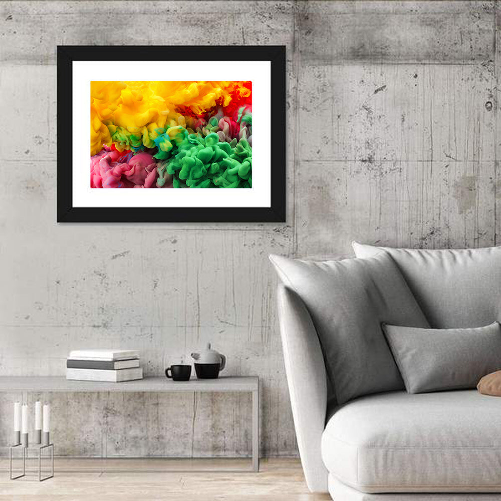 Vibrant Underwater Ink Cloud Abstract Wall Art in a room, landscape