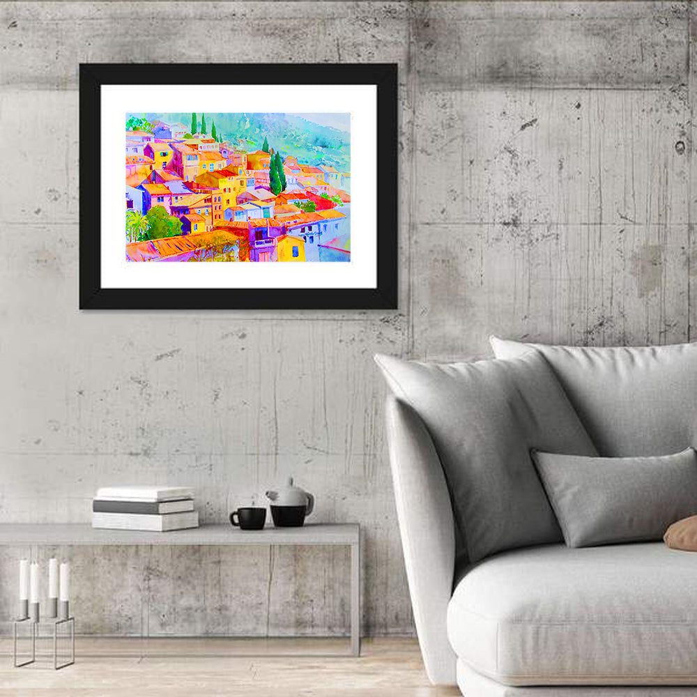 Mediterranean Hillside Watercolor Village Wall Art