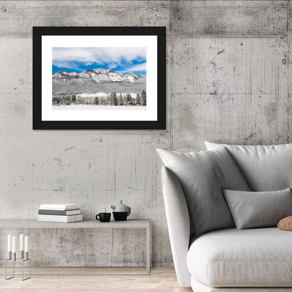 Colorado Snowy Mountain Cabin Wall Art in a room, landscape