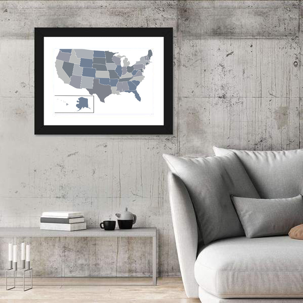 Minimalist USA Map in Blue and Grey Wall Art in a room, landscape