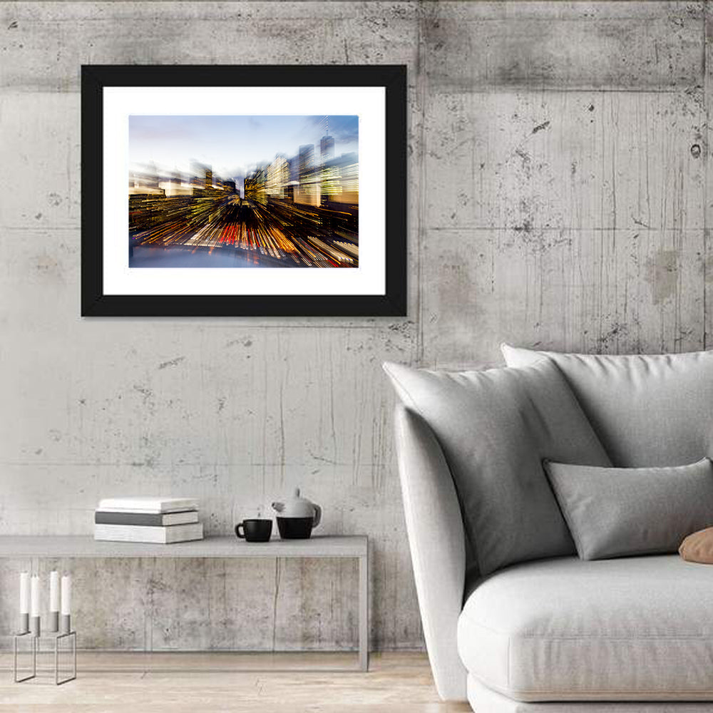 Zoom Burst Skyline Abstract Wall Art in a room, landscape