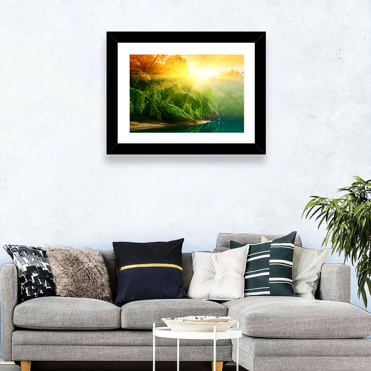 Golden Bamboo Riverbank Wall Art in a room, landscape