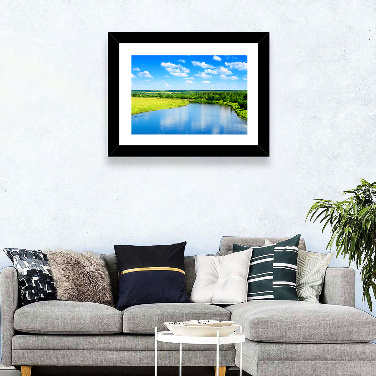 Blue River Meadow Wall Art in a room, landscape