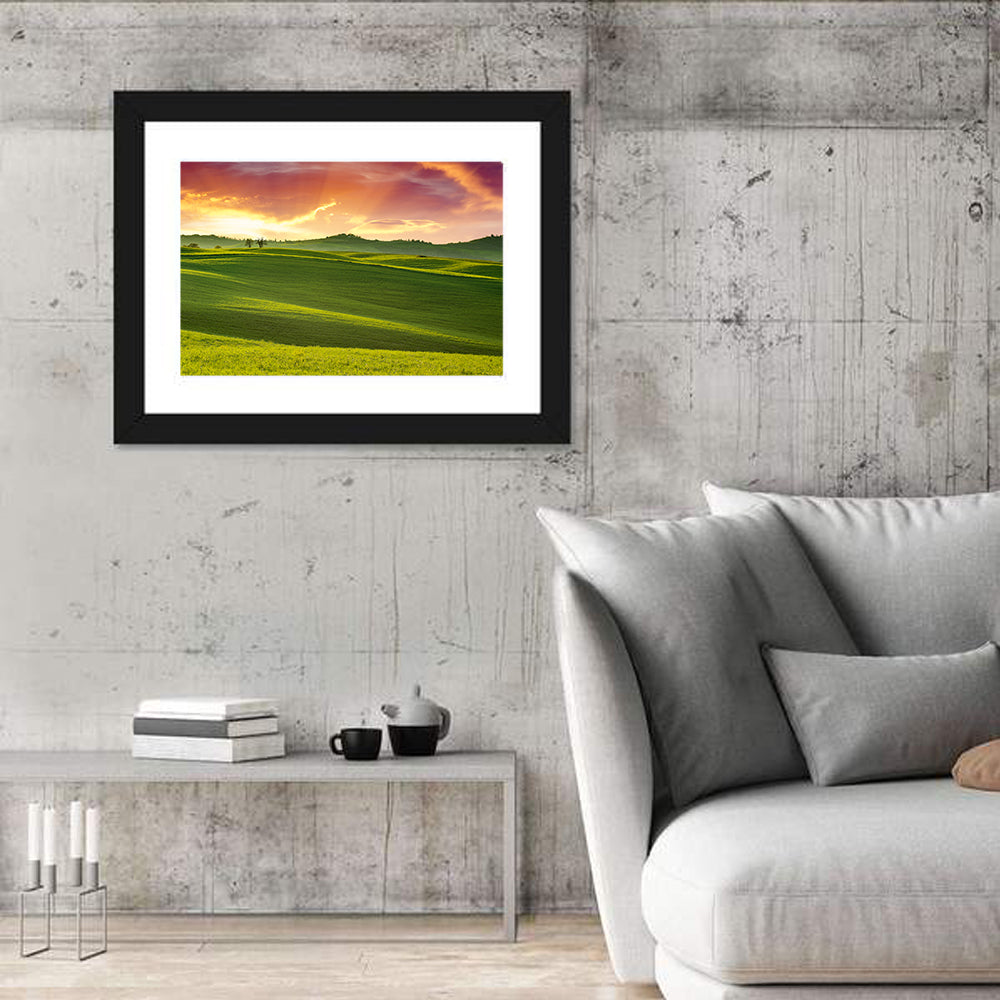 Tuscany Rolling Hills Sunset Wall Art in a room, landscape