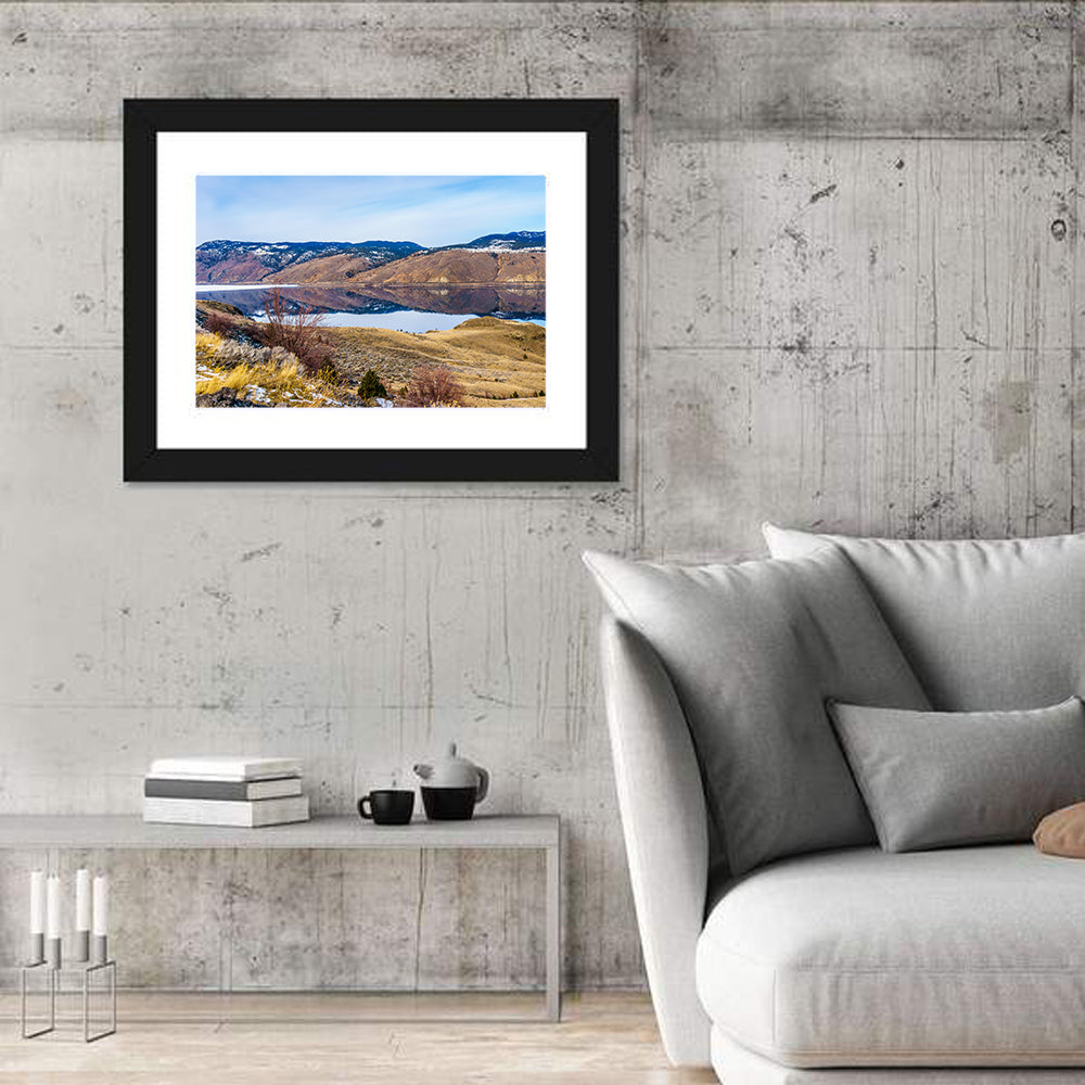 Kamloops Lake Mountain Reflection Wall Art in a room, landscape