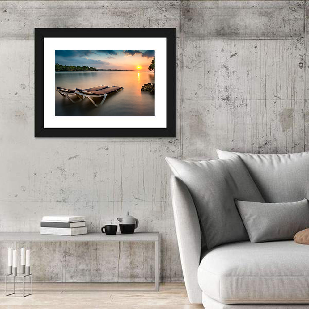 Sunset Over Coastal Lounge Chairs Wall Art in a room, landscape