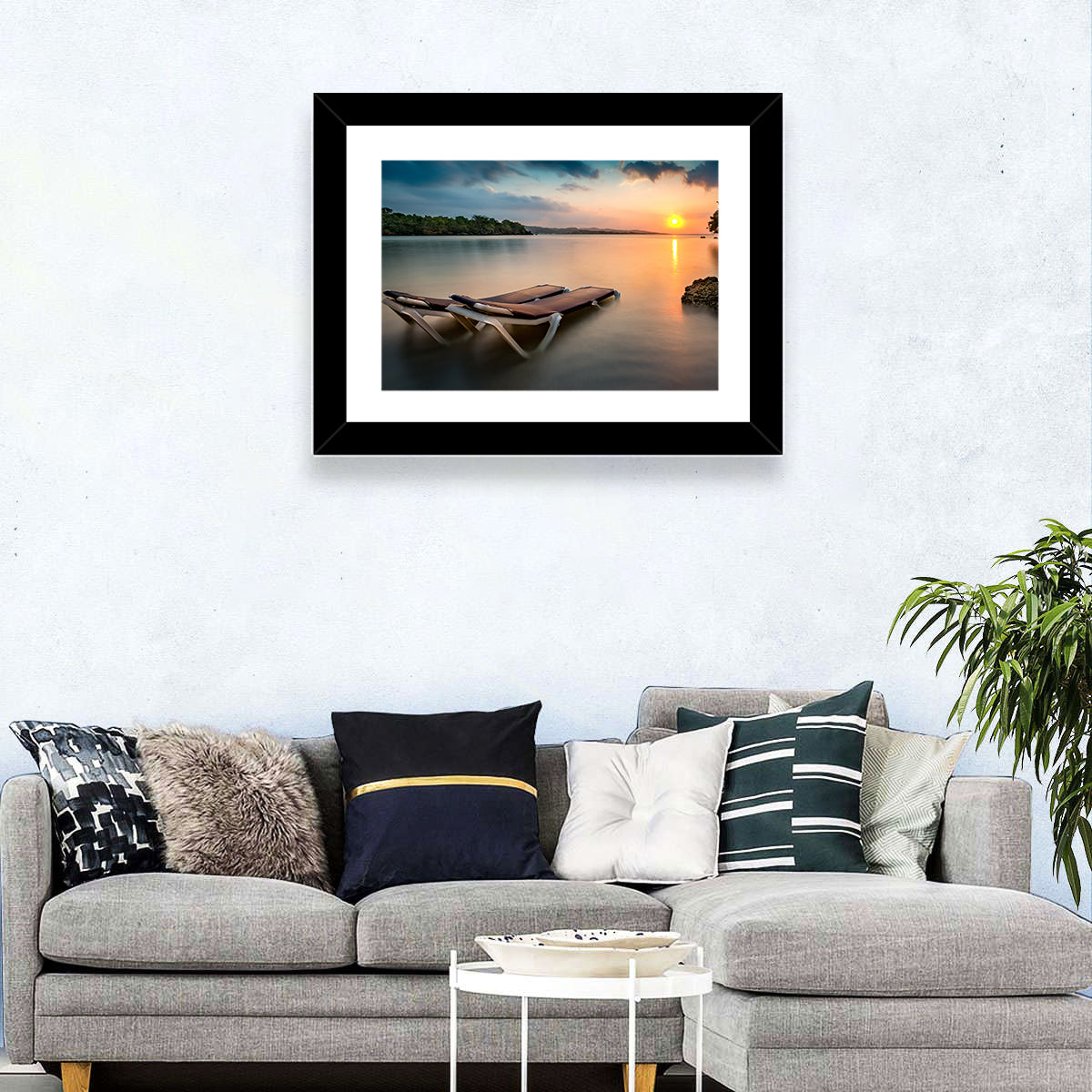 Sunset Over Coastal Lounge Chairs Wall Art