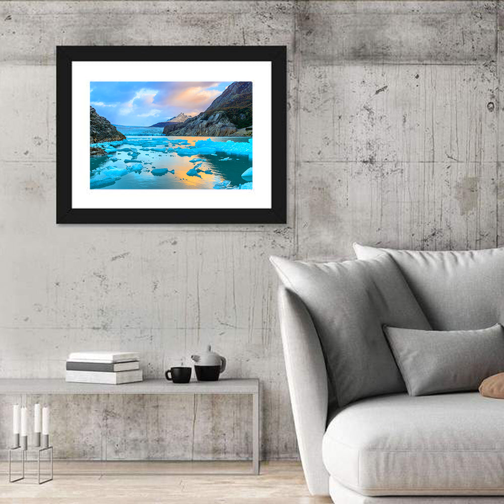 Grey Glacier at Sunset Wall Art in a room, landscape