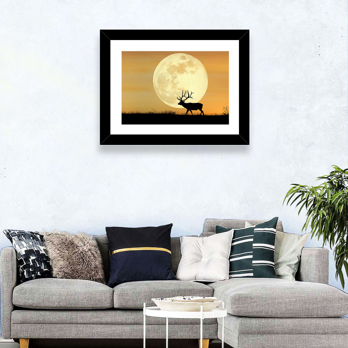 Bull Elk Silhouette Under Supermoon Wall Art in a room, landscape