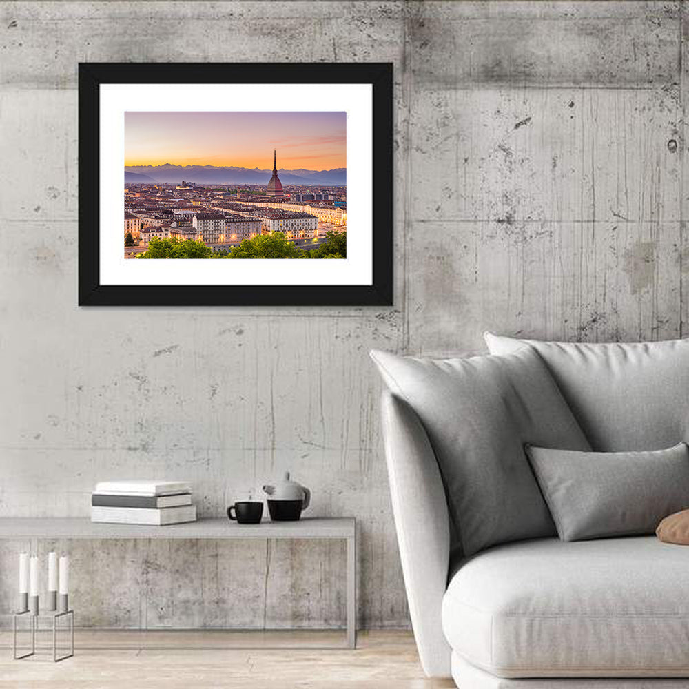 Turin Skyline at Golden Dusk Wall Art in a room, landscape
