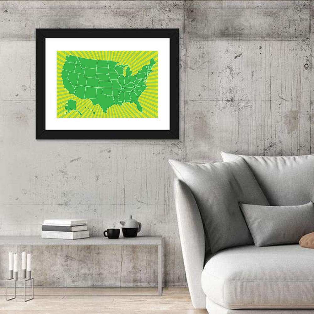 Green Sunburst USA Map Wall Art