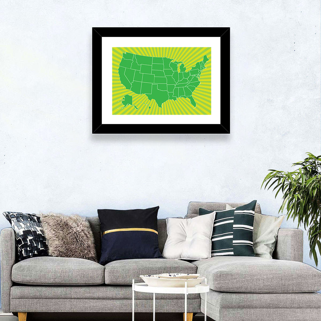 Green Sunburst USA Map Wall Art
