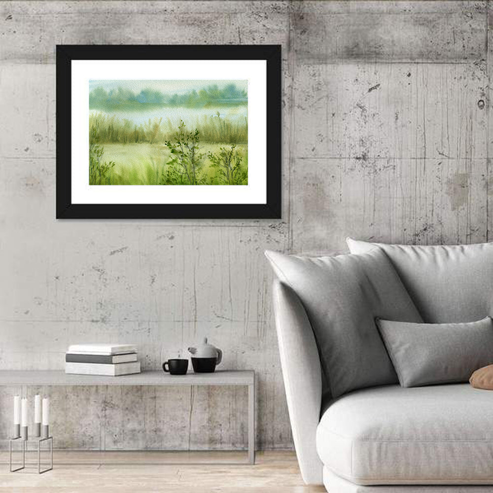 Misty River Meadow Watercolor Wall Art in a room, landscape
