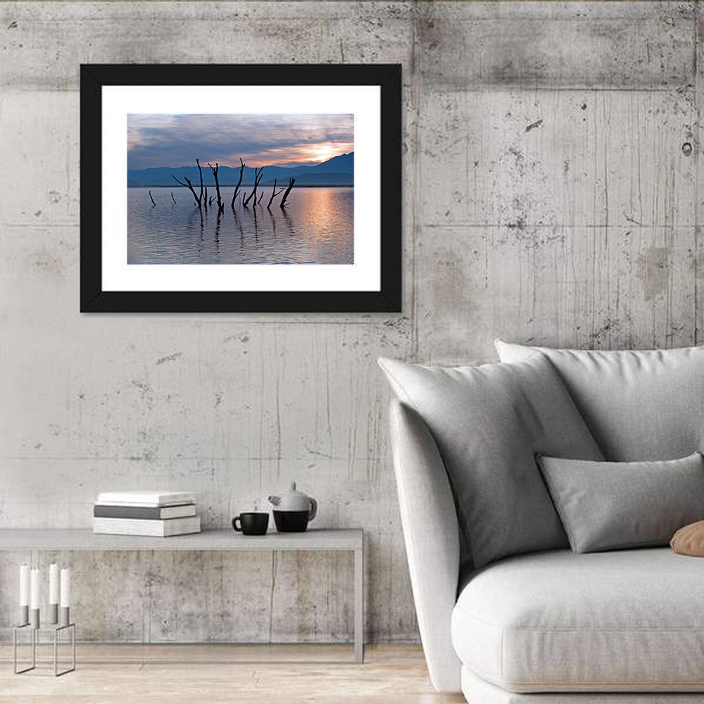 Lake Isabella Sunrise Reflection Wall Art in a room, landscape