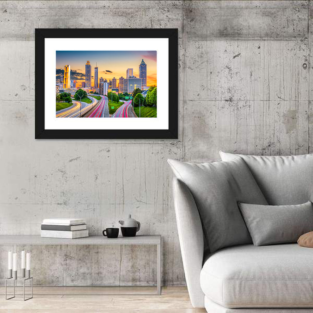 Atlanta Skyline at Dusk Wall Art in a room, landscape