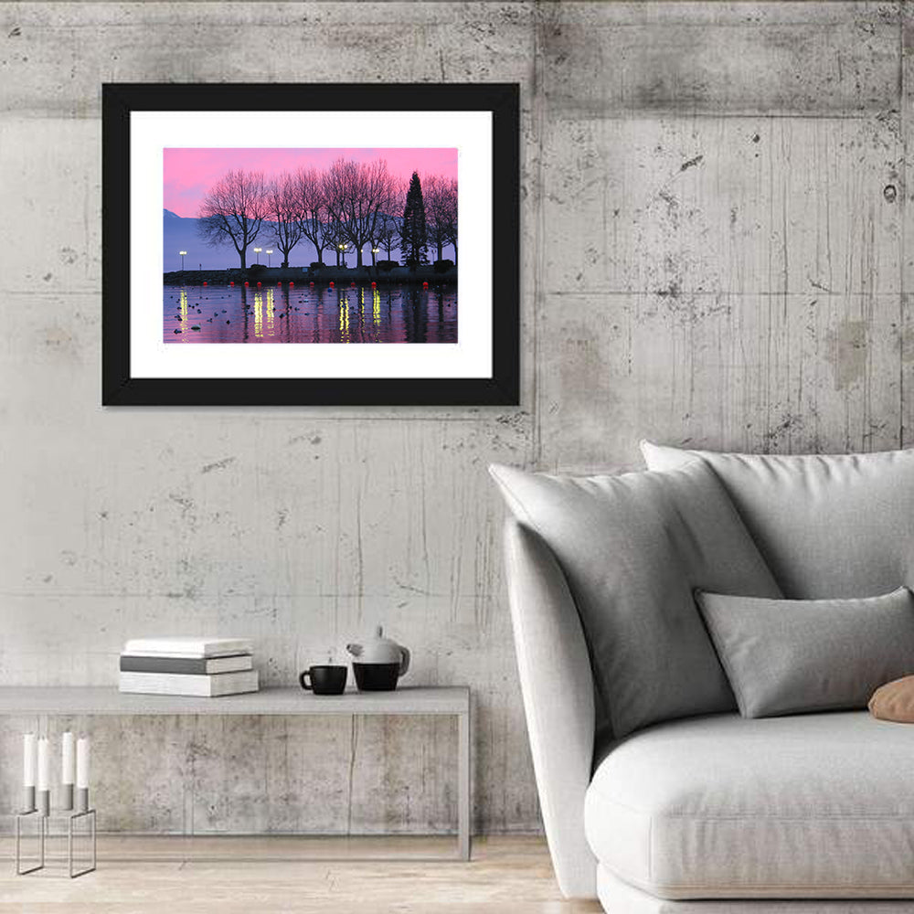 Lake Geneva Twilight Wall Art in a room, landscape