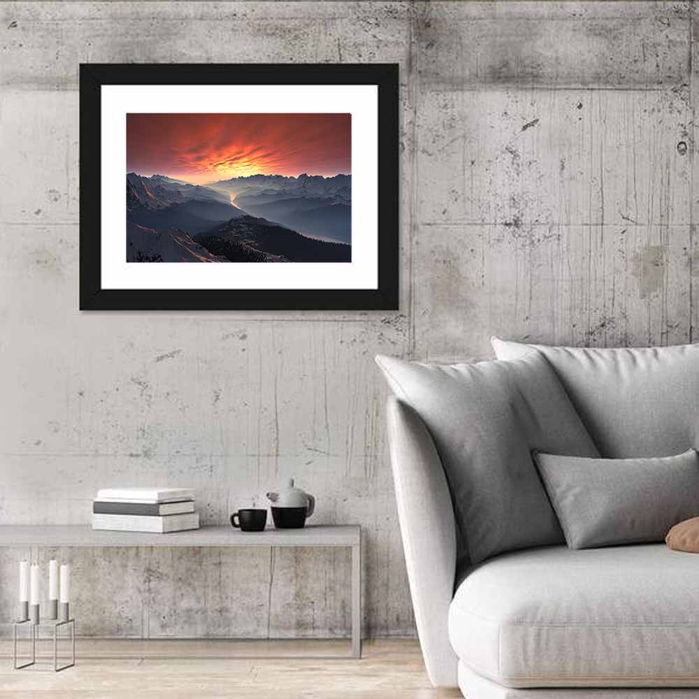 Snow-capped Mountain Sunset Wall Art in a room, landscape