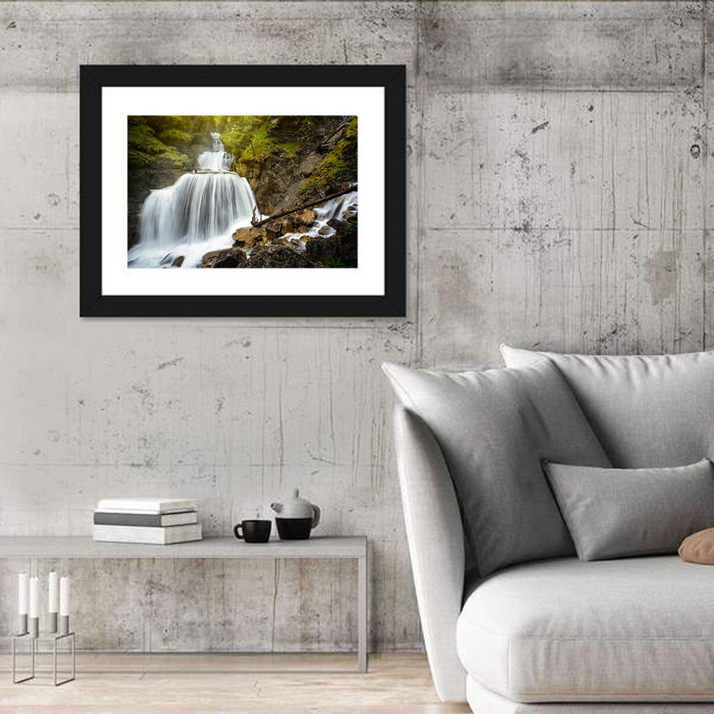 White Cascade Over Mossy Rocks Wall Art in a room, landscape
