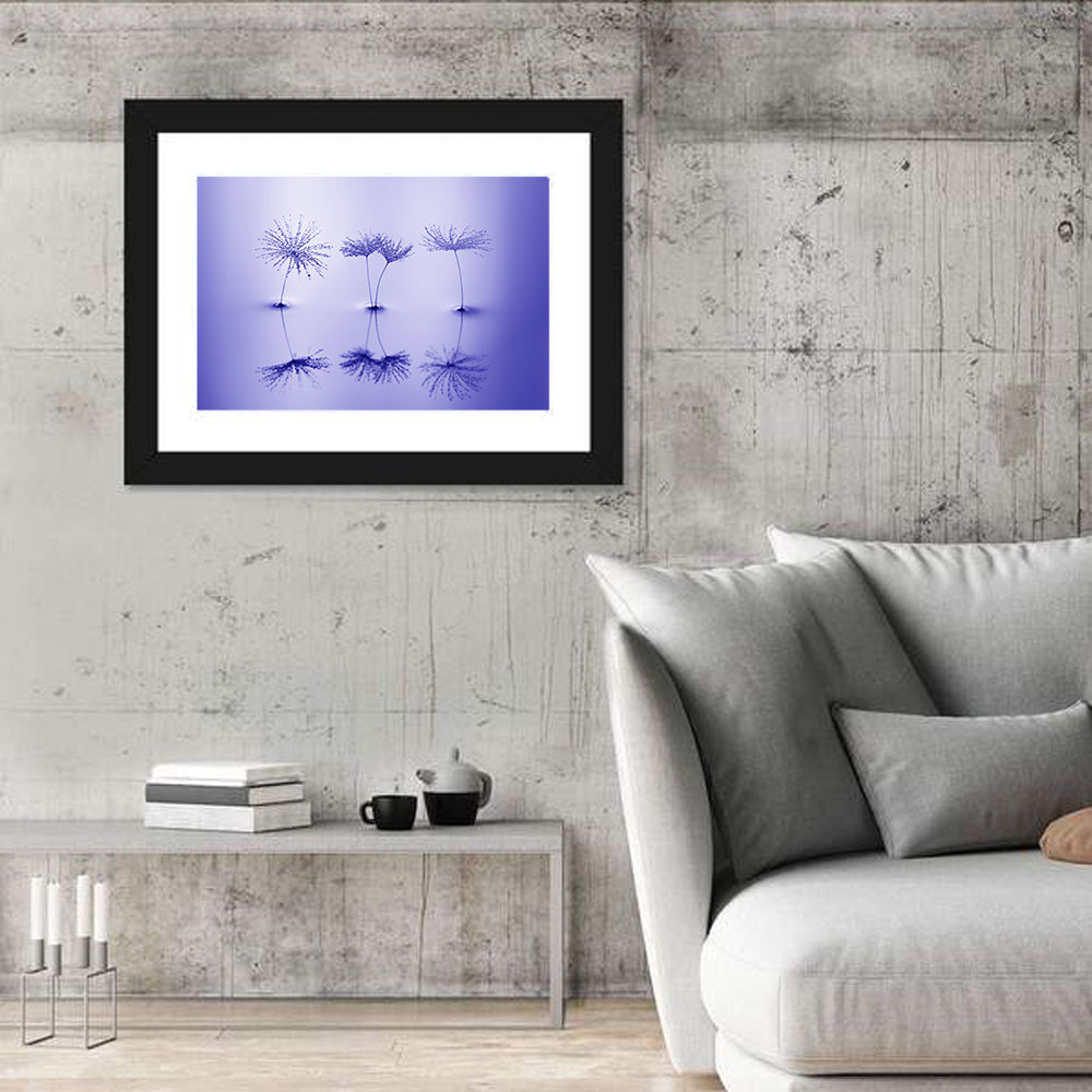 Blue Dandelion Seeds with Reflections Wall Art in a room, landscape