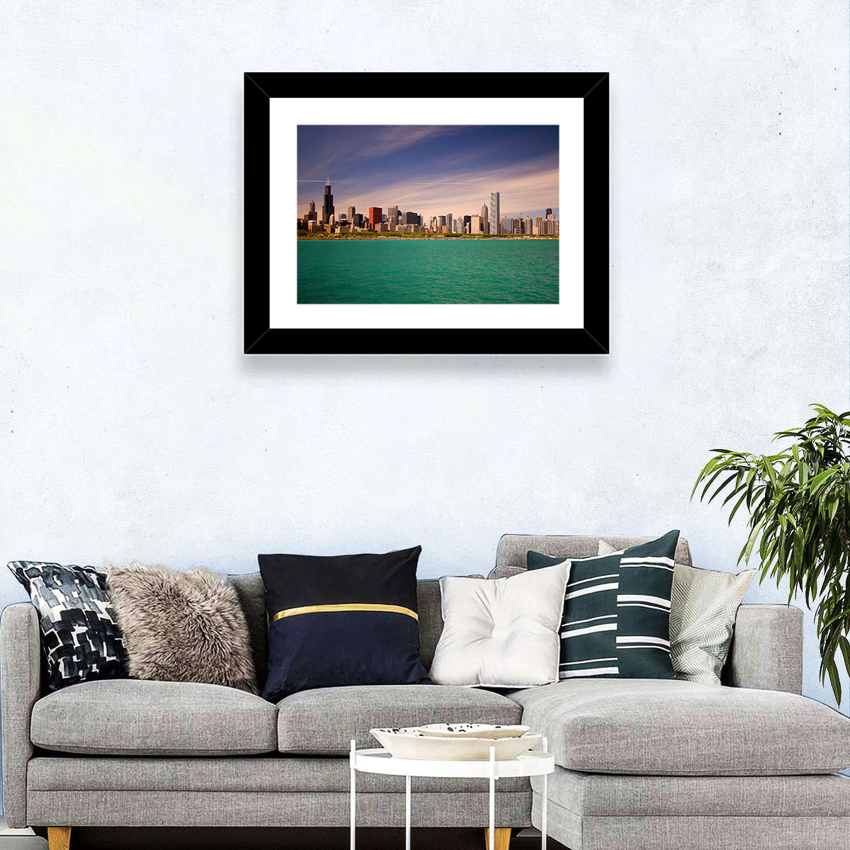 Chicago Skyline Above Lake Michigan Wall Art in a room, landscape
