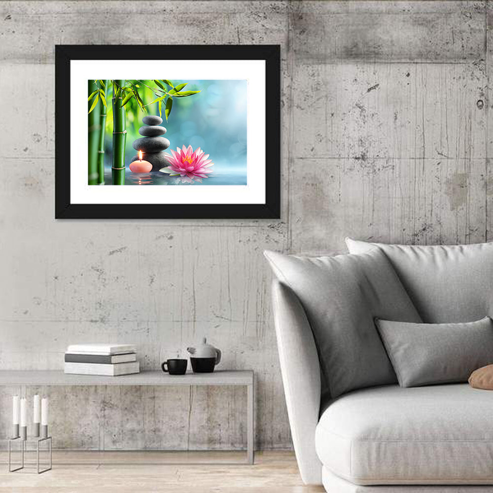 Zen Massage Stones with Waterlily Wall Art in a room, landscape