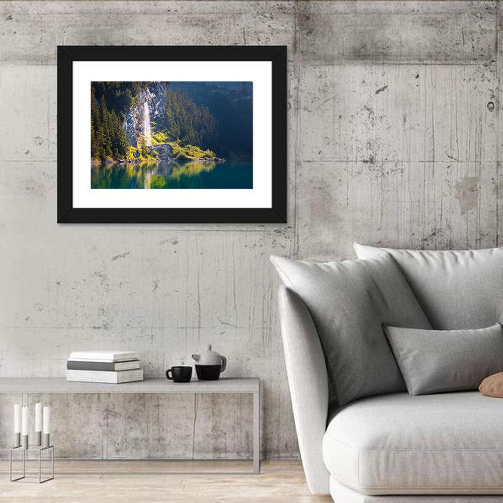 Lake Oeschinen Waterfall Reflection Wall Art in a room, landscape