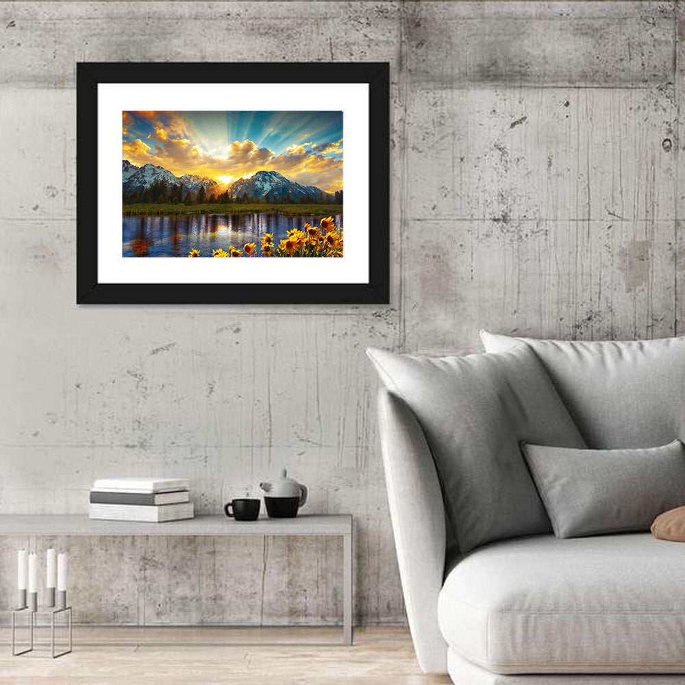 Grand Teton Sunrise Reflection Wall Art in a room, landscape