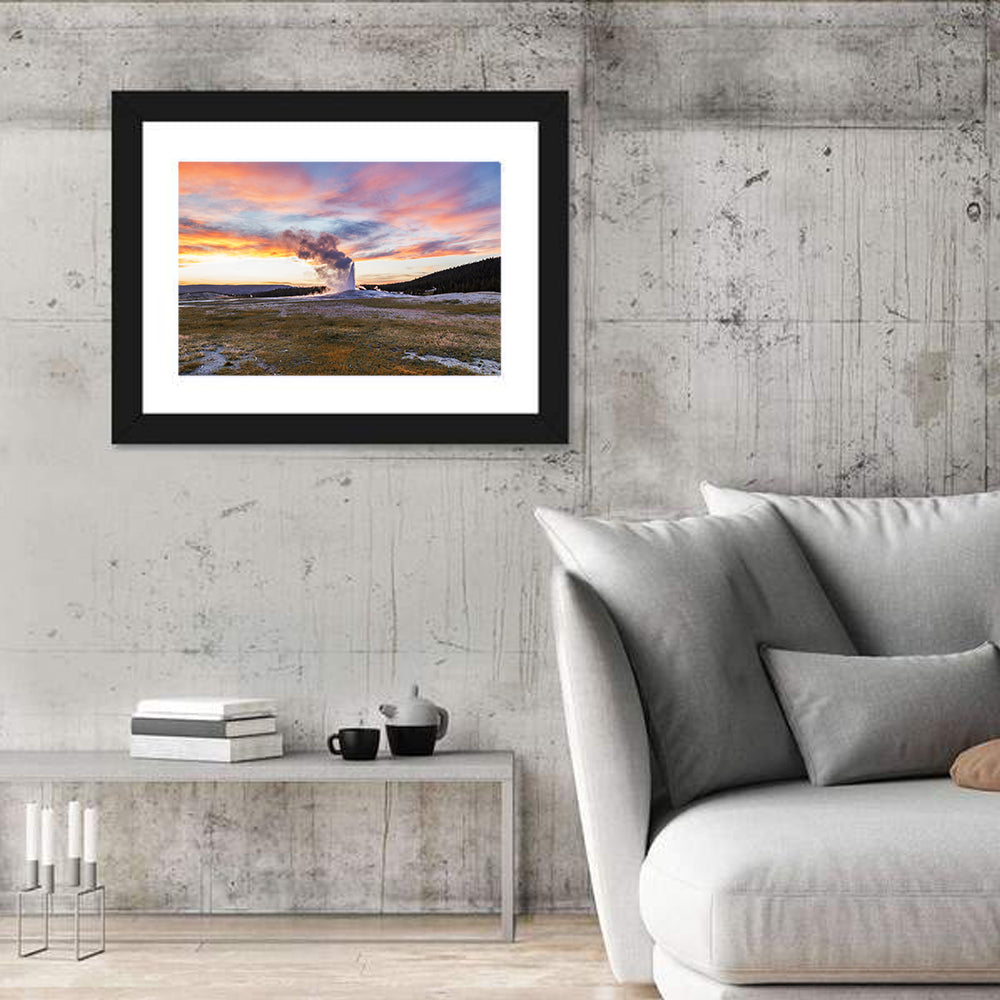 Old Faithful Erupting at Sunset Wall Art