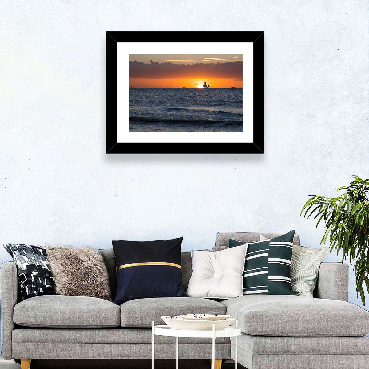 Florida Sailboat Sunset Wall Art in a room, landscape
