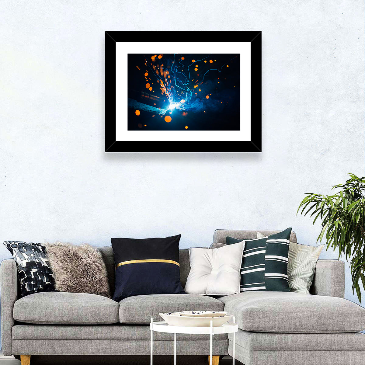 Bright Blue Welding Sparks Wall Art in a room, landscape