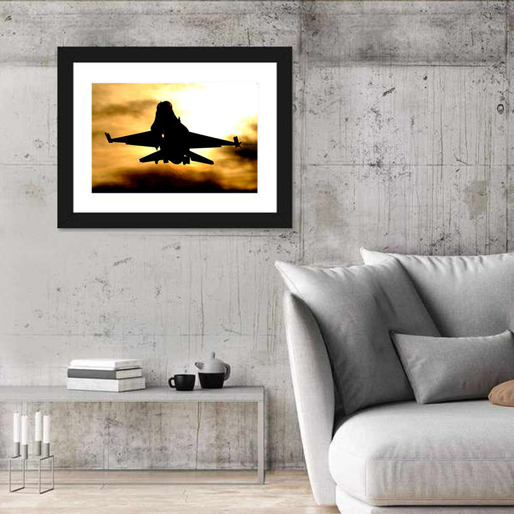 F-16 Sunset Silhouette Wall Art in a room, landscape