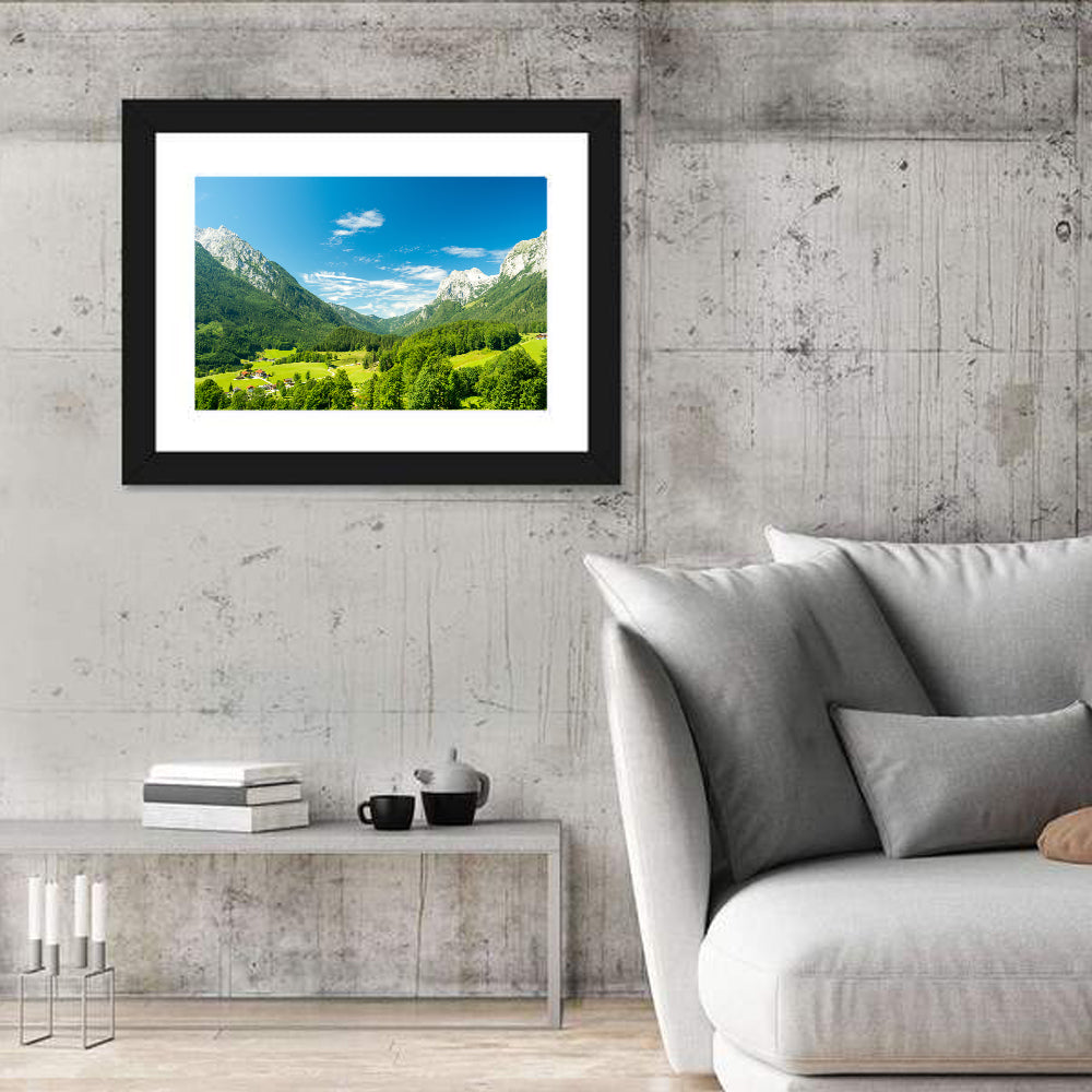 Bavarian Alpine Valley Wall Art in a room, landscape