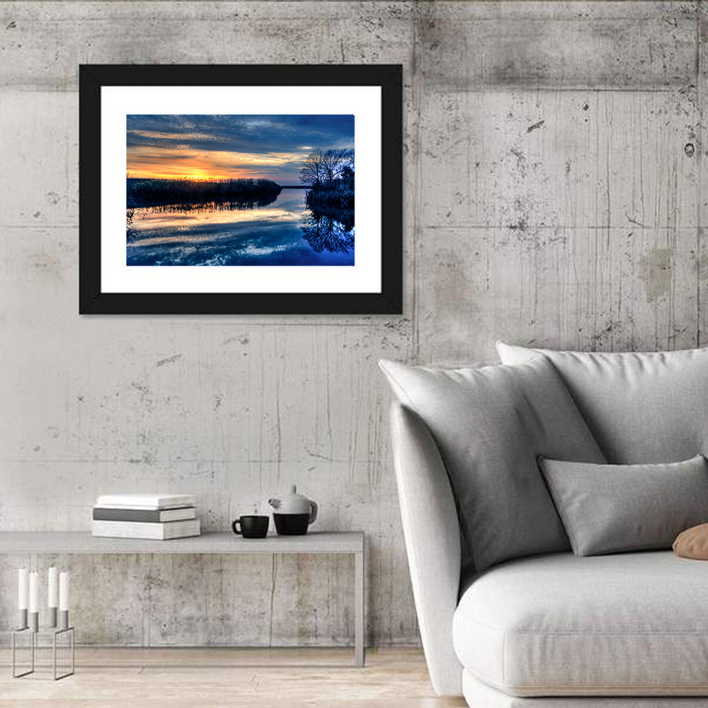 Louisiana Bayou Sunset Wall Art in a room, landscape