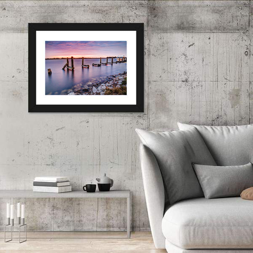 Bayou Lafourche Dock Sunrise Wall Art in a room, landscape