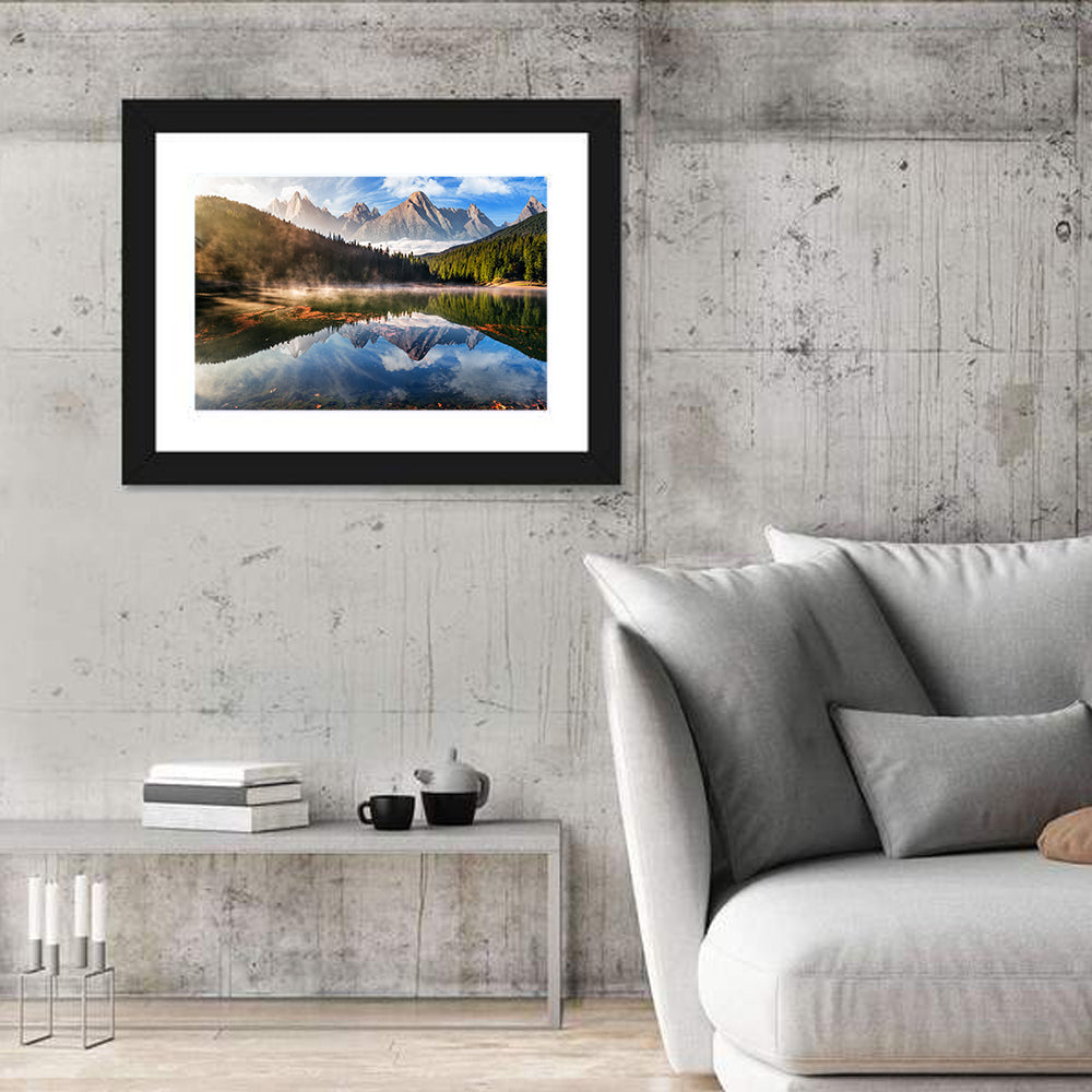 Morning Mist Mountain Lake Wall Art in a room, landscape