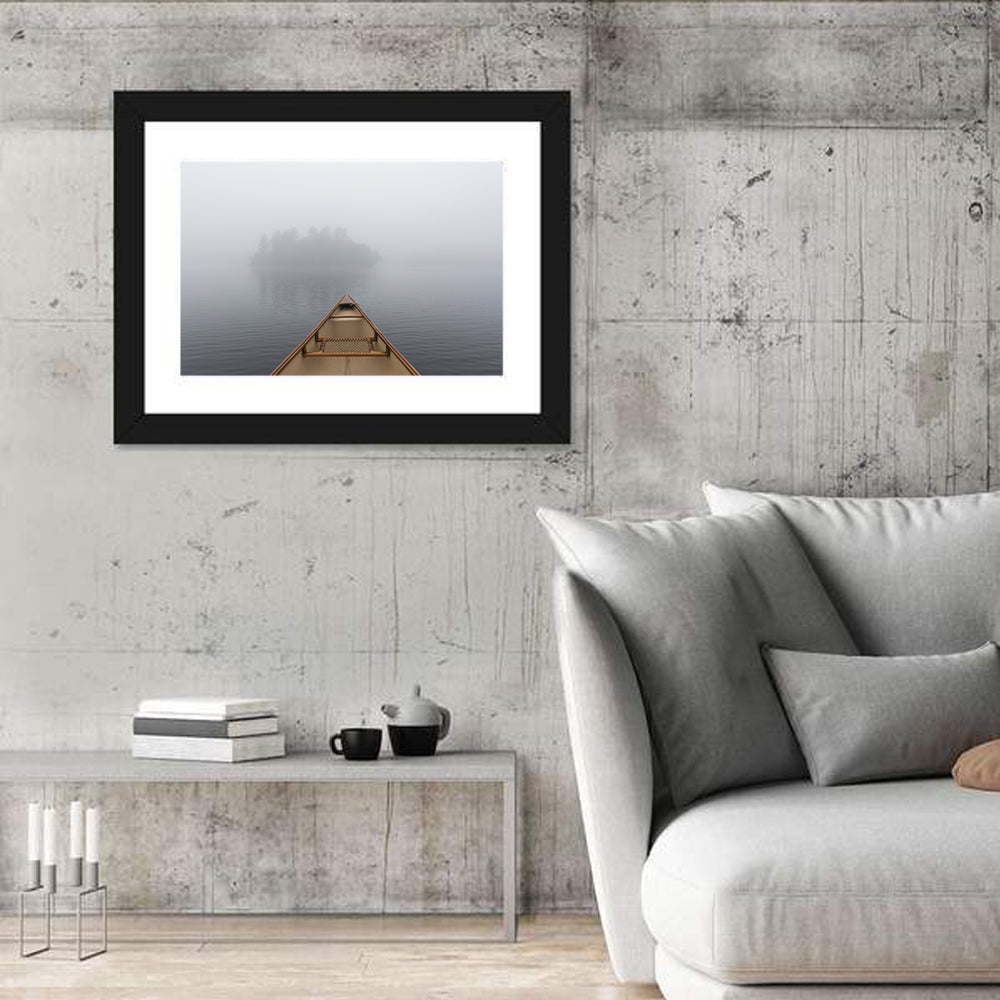 Canoe on Misty Ontario Lake Wall Art in a room, landscape