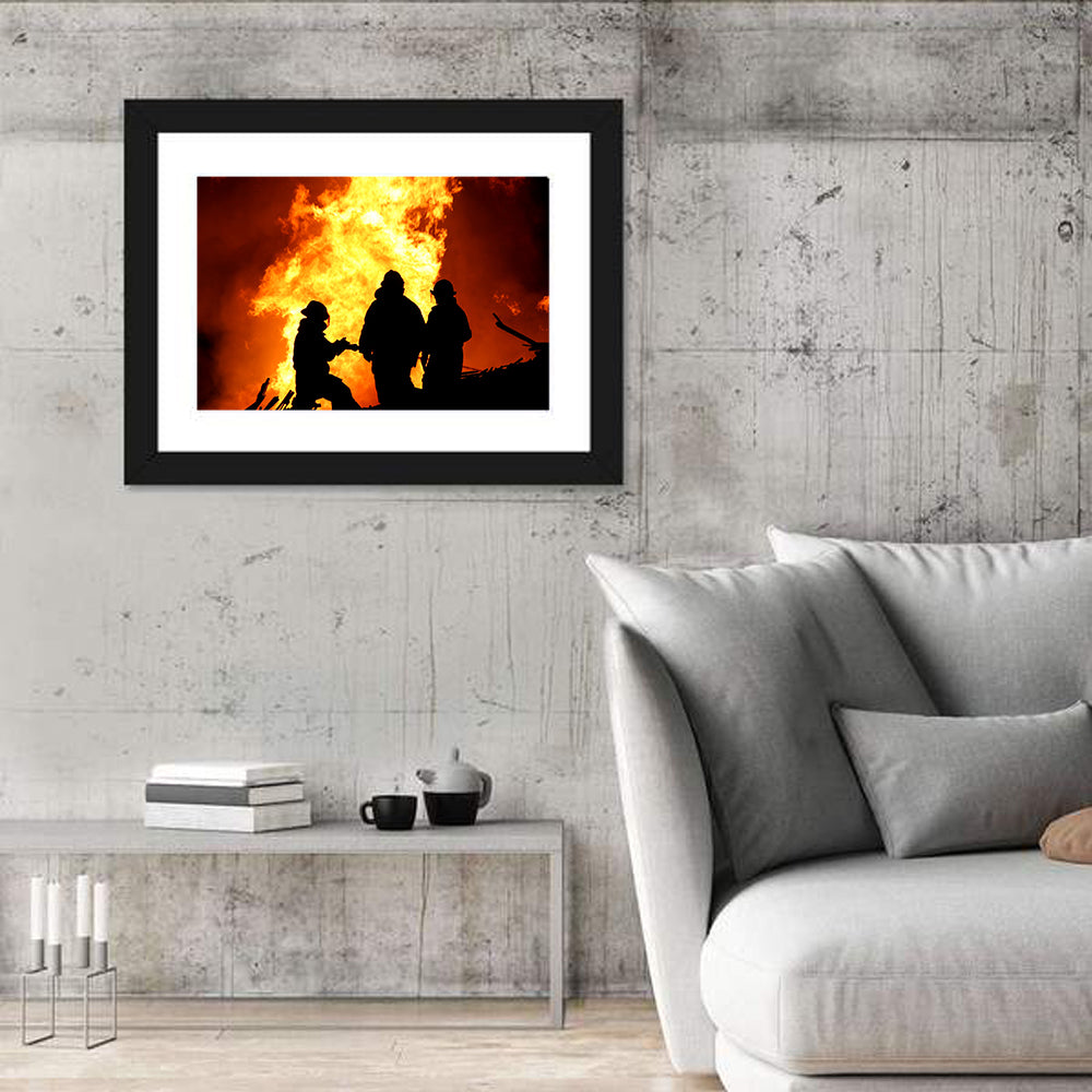 Firefighters Silhouetted Against Flames Wall Art in a room, landscape