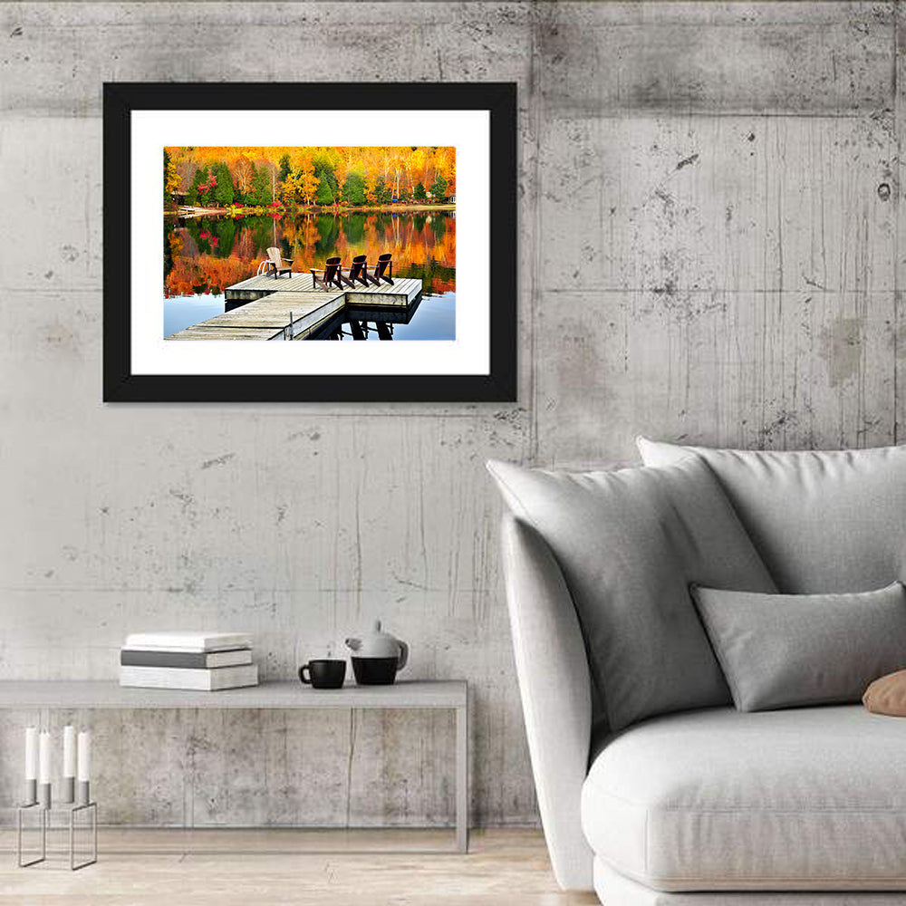 Autumn Lake Dock with Adirondack Chairs Wall Art in a room, landscape